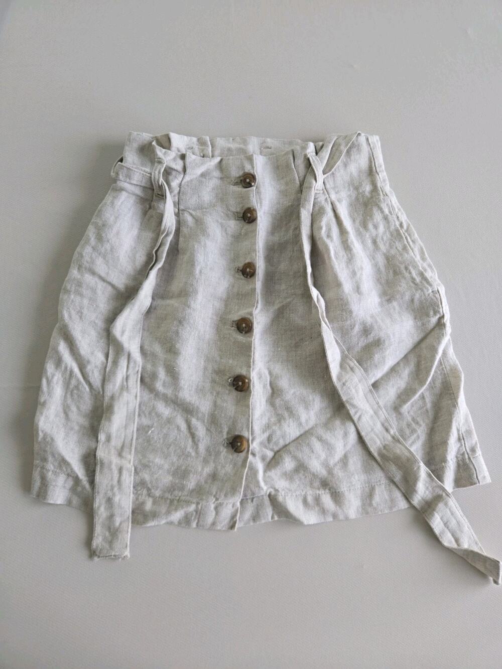 H&M L.O.G.G. Women's US 4 Linen High Rise Button Front Belted Skirt Beige